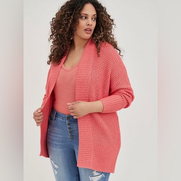 Torrid - Waffle Knit Open Front Sweater Coral - Picture 2 of 11